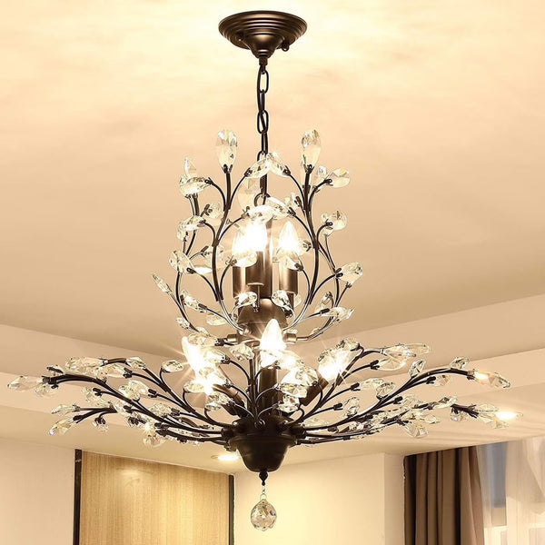 Ganeed Vintage 8 Lights Pendant Light Crystal Chandeliers Adjustable Ceiling Light for Living Room Bedroom Restaurant Porch Hallway Black