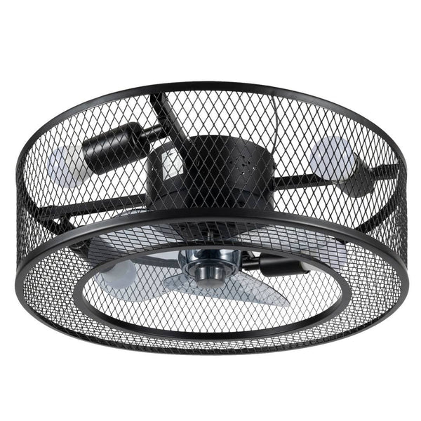 Hallas 18" Caged Ceiling Fan w/Light Black Iron Metal Round Lamp Chandelier 3 Speeds Williston Forge